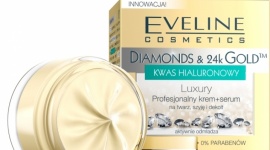 Luxury Profesjonalny krem+serum na twarz, szyję i dekolt Diamonds & Gold Eveline Uroda, LIFESTYLE - Nowa, aktywnie odmładzająca formuła profesjonalnego kremu + serum, bogata w czyste 24-karatowe ZŁOTO, prawdziwy DIAMENT oraz unikalną kompozycję substancji czynnych.