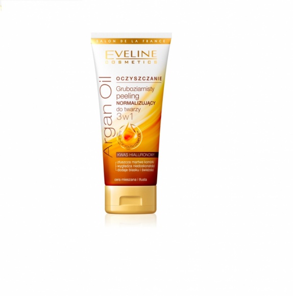 Gruboziarnisty peeling normalizujący do twarzy 3 w 1 Eveline Cosmetics Uroda, LIFESTYLE - Seria Argan Oil to innowacyjny program przeciwzmarszczkowy opracowany w laboratorium Eveline Cosmetics zapewniający spektakularny efekt odmłodzenia skóry. title =