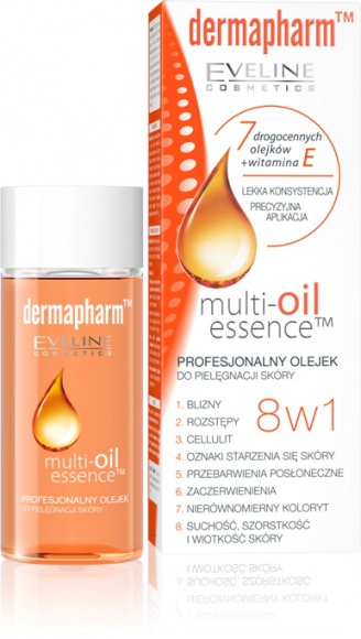 Dermapharm Multi-oil essence 8 w 1 Profesjonalny olejek do pielęgnacji skóry Uroda, LIFESTYLE - Multi-Oil Essence™ to profesjonalny olejek do pielęgnacji każdego rodzaju skóry opracowany w laboratorium Eveline Cosmetics Dermapharm™. Olejek łączy skuteczność naturalnych składników aktywnych z najnowszymi osiągnięciami kosmetologii i medycyny estetycznej. title =