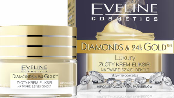 ZŁOTY KREM-ELIKSIR NA TWARZ, SZYJĘ I DEKOLT Eveline Cosmetics Uroda, LIFESTYLE - DIAMONDS & 24k GOLDTM to przełomowy program przeciwzmarszczkowy opracowany w laboratorium Eveline Cosmetics, który łączy skuteczność naturalnych składników aktywnych z najnowszymi osiągnięciami kosmetologii i medycyny estetycznej. title =