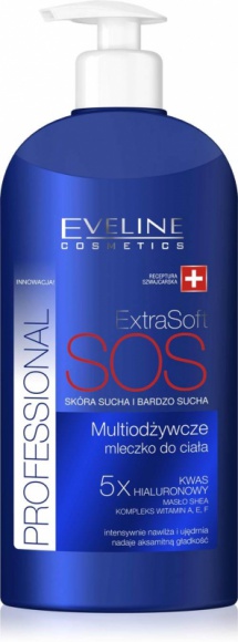 Eveline Cosmetics Multiodżywcze mleczko do ciała Extra Soft Professional Uroda, LIFESTYLE - 5 x KWAS HIALURONOWY, masło SHEA, Kompleks witamin A,E,F MAKSYMALNE ODŻYWIENIE DLA SKÓRY SUCHEJ I BARDZO SUCHEJ title =