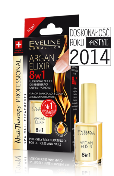 Doskonałość Roku miesięcznika „Twój Styl” 2014 dla Eveline Cosmetics Uroda, LIFESTYLE - ARGAN ELIXIR 8w1 LUKSUSOWY OLEJEK DO REGENERACJI SKÓREK I PAZNOKCI Z OLEJEM ARGANOWYM Eveline Cosmetics został nagrodzony podczas 20 edycji Doskonałości Roku w kategorii Pielęgnacja dłoni i stóp, Kosmetyki popularne. title =