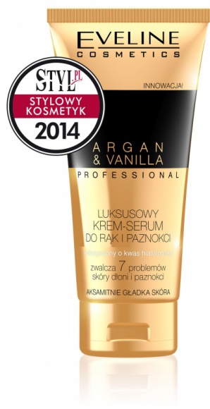 Krem serum do rąk i paznokci Eveline Cosmetics z tytułem „Stylowy Kosmetyk 2014” Uroda, LIFESTYLE - Luksusowy krem serum do rąk i paznokci Argan&Vanilla Eveline Cosmetics otrzymał nagrodę "Stylowy Kosmetyk 2014" serwisu Styl.pl. title =
