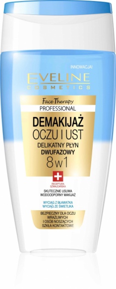 Eveline Cosmetics Delikatny dwufazowy płyn do demakijażu oczu i ust 8 w 1 Uroda, LIFESTYLE - • bezpieczny dla oczu wrażliwych i osób noszących szkła kontaktowe • skutecznie usuwa wodoodporny makijaż bez pocierania title =