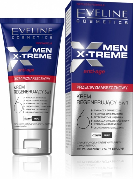 Eveline Cosmetics MEN X-TREME Przeciwzmarszczkowy Krem Regenerujący 6w1 Uroda, LIFESTYLE - PRZECIWZMARSZCZKOWY KREM REGENERUJĄCY MEN X-TREME o silnie ujędrniającej formule zapewnia wielokierunkowe działanie redukujące zmarszczki i opóźniające proces starzenia się skóry. title =