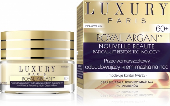 LUXURY PARIS Przeciwzmarszczkowy odbudowujący krem-maska na noc 60+ Uroda, LIFESTYLE - Rewolucyjny program LUXURY Paris Nouvelle Beauté™ został opracowany z myślą o profesjonalnej pielęgnacji skóry dojrzałej, w oparciu o rewitalizujące i odżywcze właściwości olejku arganowego. title =