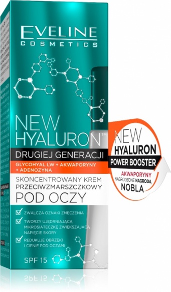 Eveline Cosmetics NEW HYALURON™ Krem Przeciwzmarszczkowy pod oczy Uroda, LIFESTYLE - NEW HYALURON to pionierska terapia aktywująca mechanizmy młodości w głębokich warstwach skóry. Przełomowa technologia TURBO LIFTING AGE DEFENSE™ na bazie DRUGIEJ GENERACJI KWASU HIALURONOWEGO i AKWAPORYN zapewnia bezprecedensową skuteczność w redukcji zmarszczek. title =