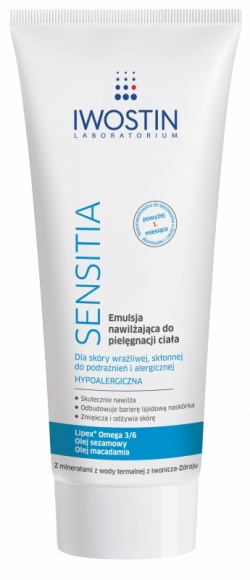 Emulsja nawilżająca do pielęgnacji ciała Iwostin Sensitia Uroda, LIFESTYLE - Emulsja nawilżająca Iwostin Sensitia jest przeznaczona do codziennej pielęgnacji skóry wrażliwej i alergicznej. Dzięki zawartości oleju macadamia skutecznie nawilża i delikatnie natłuszcza, a także łagodzi podrażnienia i poprawia wygląd skóry. title =