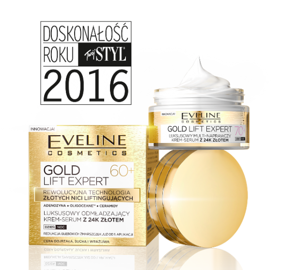 Doskonałość Roku 2016 miesięcznika „Twój Styl” dla Eveline Cosmetics Uroda, LIFESTYLE - Luksusowy odmładzający krem-serum 60+ i luksusowy multi-naprawczy krem-serum 70+ z serii Gold Lift Expert Eveline Cosmetics zostały nagrodzone podczas 22. edycji Doskonałości Roku w kategorii „Pielęgnacja twarzy, cera dojrzała kosmetyki polskie”. title =