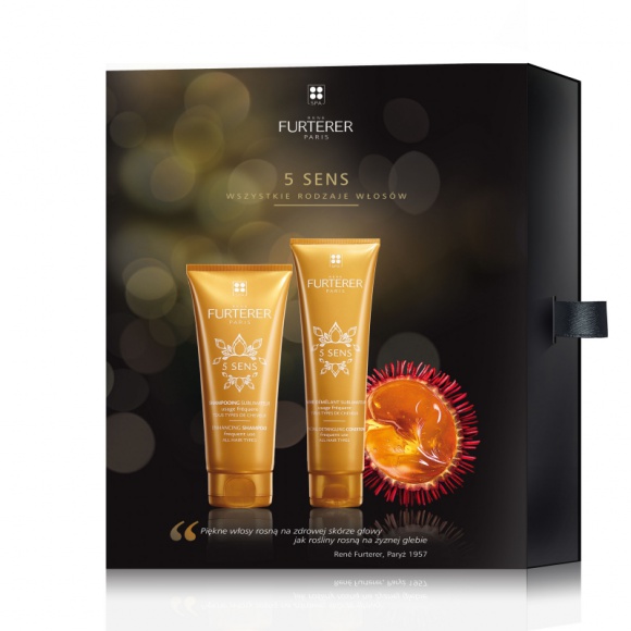 Rene Furterer zestaw prezentowy 5 Sens Uroda, LIFESTYLE - Luksusowa pielęgnacja włosów. Formuła wzbogacona pięcioma olejkami roślinnymi pochodzenia naturalnego. W zestawie znajdziesz szampon upiększający i balsam ułatwiający rozczesywanie włosów. title =